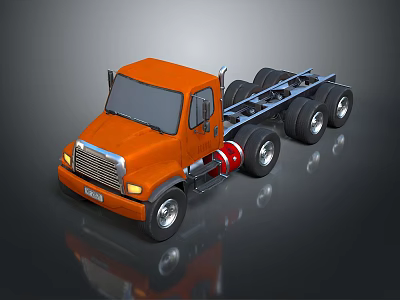 Orange Truck Chassis With Multiple Wheels And Shiny Surface On Black Background 3d model