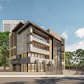 Modern Detached Villa Exterior With Glass Facade And Wooden Accents Surrounded by Trees