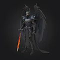 Dark Fantasy Horned Character With Black Wings And Flaming Sword Standing