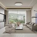 Modern Living and Dining Room Interior With Sofa Coffee Table Blue Painting And Floor Lamp
