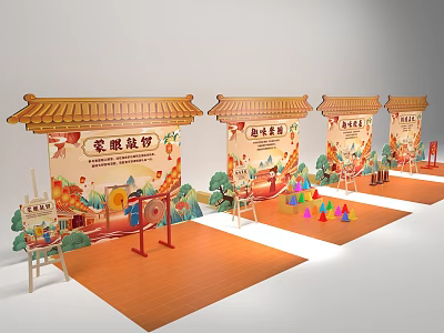 Traditional Style Interactive Area With Backdrops Drums Easels And Colorful Cones 3d model