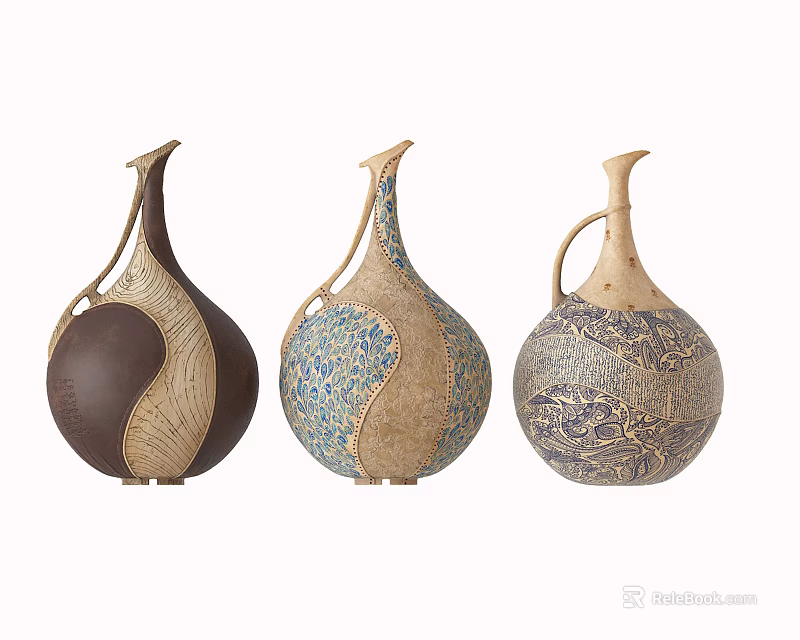Three Teardrop Shaped Ceramic Vases With Slender Neck Handle And Decorative Patterns 3d model 