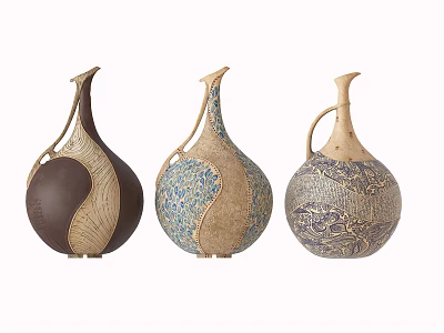 Three Teardrop Shaped Ceramic Vases With Slender Neck Handle And Decorative Patterns 3d model