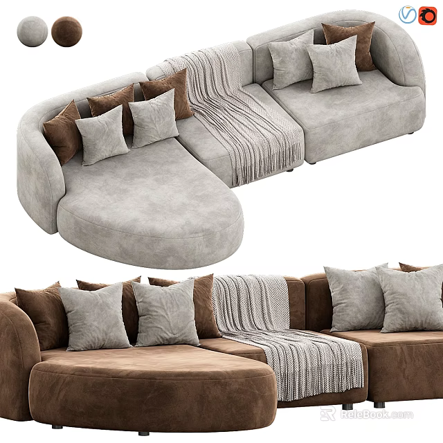 Light Gray And Brown Curved Sectional Sofa With Plush Pillows And Striped Blanket Design 3d model 