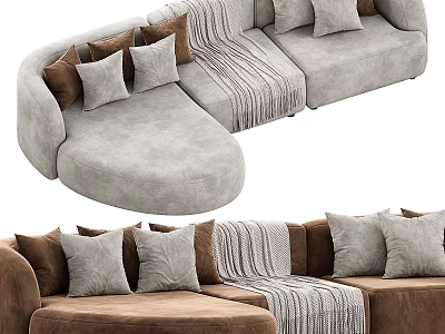 Light Gray And Brown Curved Sectional Sofa With Plush Pillows And Striped Blanket Design 3d model