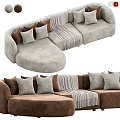 Light Gray And Brown Curved Sectional Sofa With Plush Pillows And Striped Blanket Design