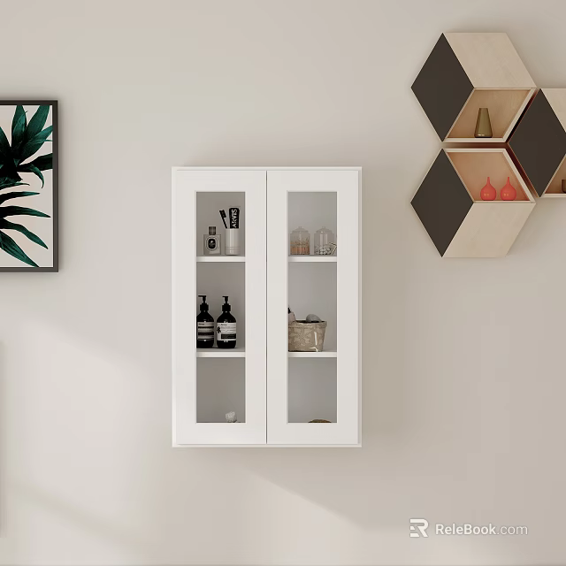 Modern White Wall Cabinet With Glass Doors Storage Items And Decorative Wall Shelves 3d model 