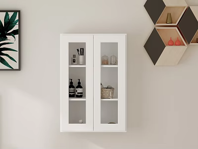 Modern White Wall Cabinet With Glass Doors Storage Items And Decorative Wall Shelves 3d model
