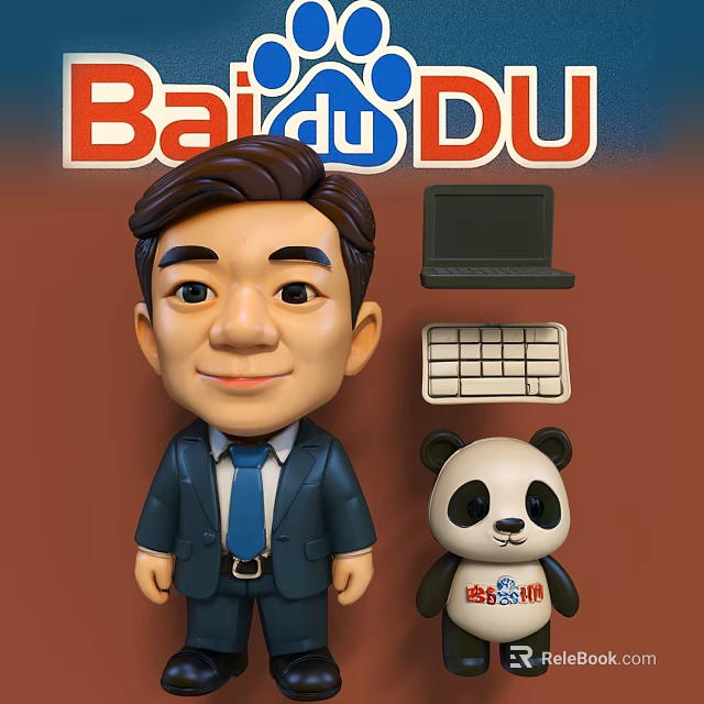 Businessman Doll and Panda Doll with Laptop Keyboard and Baidu Background 3d model 