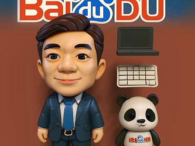 Businessman Doll and Panda Doll with Laptop Keyboard and Baidu Background 3d model