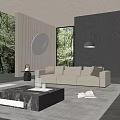 Modern Living Room Beige Three Seater Sofa with Soft Pillows Hexagonal Tile Walls and Pendant Light