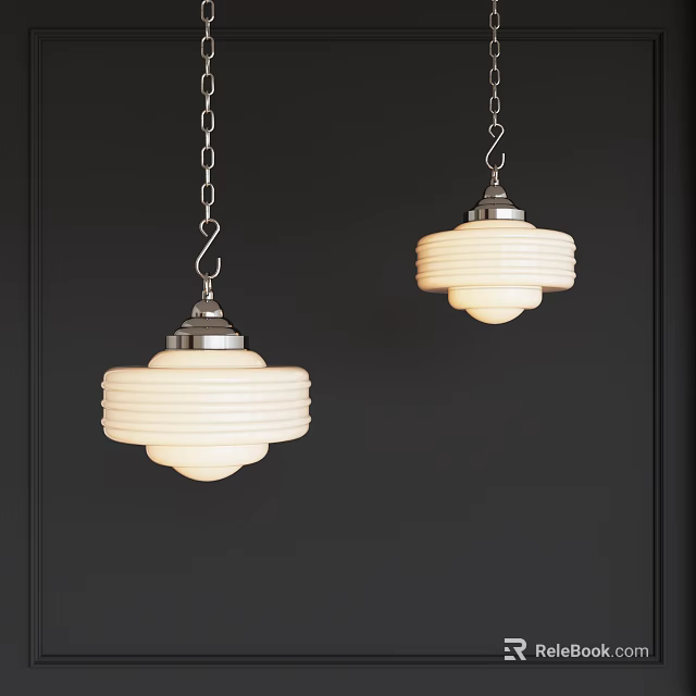 Two Classic Chandeliers With White Glass Shades And Silver Metal Chains Hanging On Dark Wall 3d model 