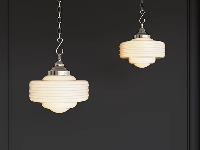 Two Classic Chandeliers With White Glass Shades And Silver Metal Chains Hanging On Dark Wall 3d model
