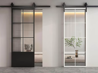 Modern Black And White Barn Doors With Grid Glass Panels In Interior Space 3d model