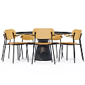 Modern Dining Table Set with Round Black Tabletop and Six Wooden Chairs with Black Legs