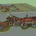 European Style Commercial Complex with Tower Red Roofs and Multi Story Buildings in Open Square