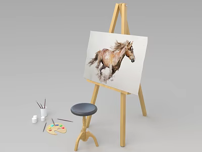 Wooden Art Easel Displaying Running Horse Painting with Stool Palette and Brushes 3d model