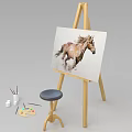 Wooden Art Easel Displaying Running Horse Painting with Stool Palette and Brushes