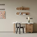 Modern Home Office Desk With Gray Chair Wooden Shelves And Wall Art Decor