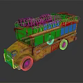 Rusty Old Yellow Bus Loaded with Multiple Barrels and Boxes on Roof 3d model