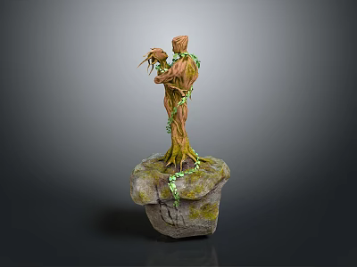 Enchanting Tree Like Creature Character with Green Vines and Roots Standing on Stone Base 3d model