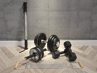 Fitness Equipment Set With Barbell Dumbbells Resistance Bands Against Gray Wall On Wooden Floor 3d model