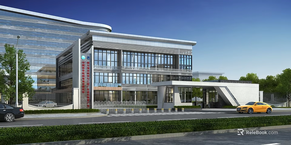Modern Industrial Factory Building With Multi Story Structure Large Glass Windows And Landscaped Entrance Area 3d model 