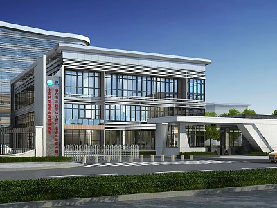Modern Industrial Factory Building With Multi Story Structure Large Glass Windows And Landscaped Entrance Area 3d model