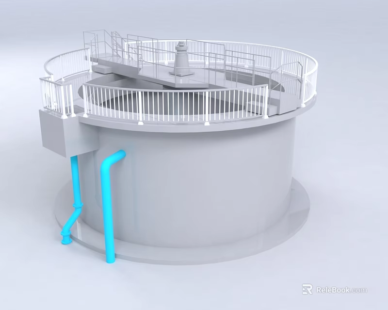 Circular Industrial Equipment With White Railing And Blue Pipes Structure 3d model 