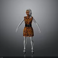 3D Character With White Hair Orange Black Striped Dress Black Belt White Stockings Black Shoes