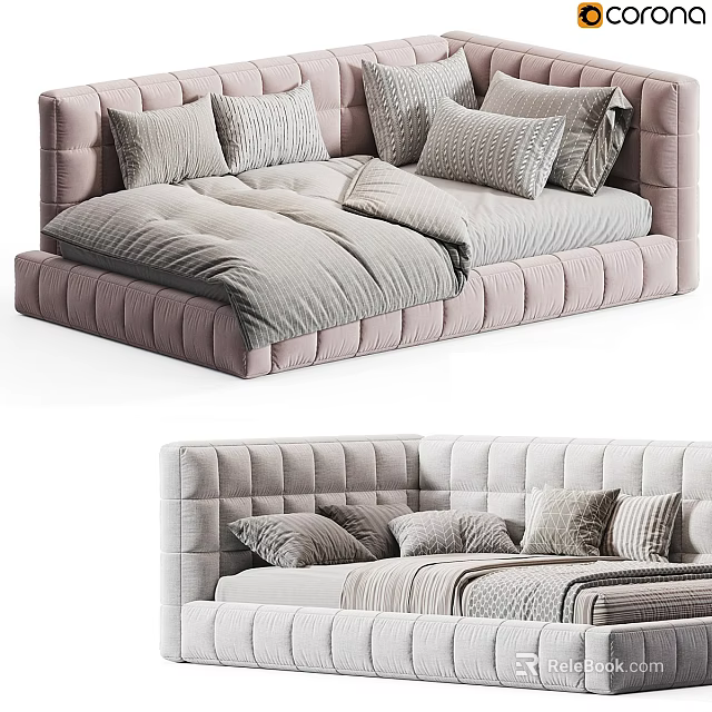 Modern Tufted Sofa Bed With Soft Cushions And Light Pink White Design 3d model 