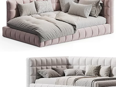 Modern Tufted Sofa Bed With Soft Cushions And Light Pink White Design 3d model