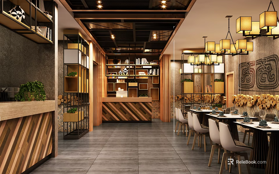 Modern Restaurant Interior With Wooden Bar Counter Hanging Lamps Dining Tables And Green Plants 3d model 
