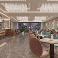 Elegant Restaurant Interior With Crystal Chandeliers Colored Chairs And Marble Flooring