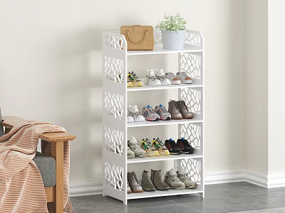 White Multi Tiered Shoe Rack with Shoes Handbag and Potted Plant on Top Shelf 3d model