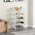White Multi Tiered Shoe Rack with Shoes Handbag and Potted Plant on Top Shelf