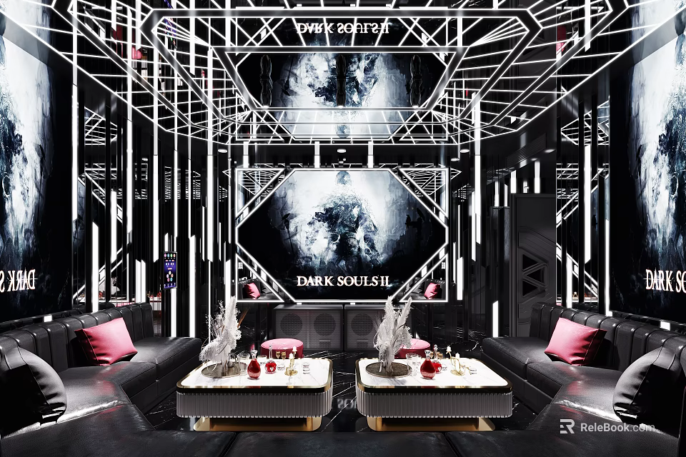 Hi Tech KTV Private Room Interior With Sofas Tables And Screens 3d model 
