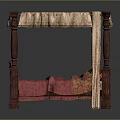 Carved Wooden Four Poster Bed With Red Bedspread And Beige Canopy Drapes