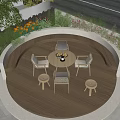 Garden Landscape Outdoor Circular Wooden Deck with Round Table Chairs Green Plants and Lighting