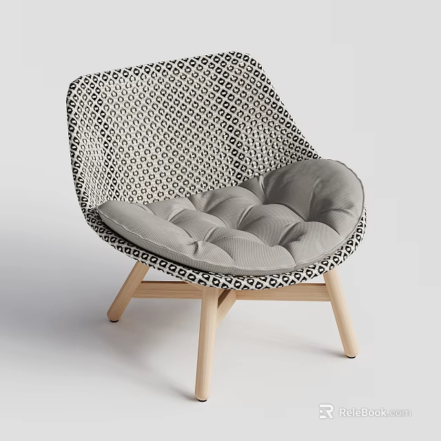 Modern Accent Chair With Black White Geometric Weave Gray Padded Seat And Wooden Legs 3d model 