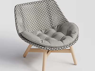 Modern Accent Chair With Black White Geometric Weave Gray Padded Seat And Wooden Legs 3d model