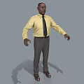 Man In Yellow Shirt Black Tie Gray Pants Brown Shoes With Arms Outstretched On Gray Background