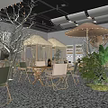 Cozy Tropical Bar Interior With String Lights Green Plants Wooden Tables And Pebble Floor