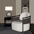 Beige Single Sofa With Dark Armrests Side Table Lamp And Lattice Background Wall 3d model