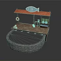 Wooden Waterfront Stall With Red Roof Fish Sign Lifebuoy And Stone Pond