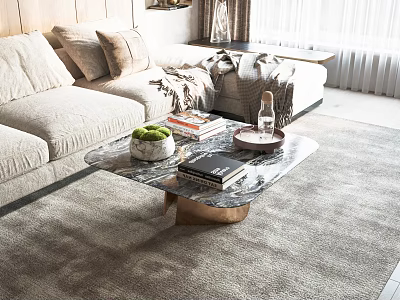 Modern Beige Sofa Coffee Table Set With Marble Top Green Plant Pillows And Throw Blanket 3d model