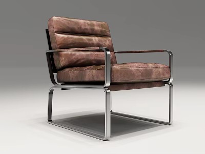 Modern Brown Leather Accent Chair With Metal Frame and Sleek Armrests for Living Room 3d model