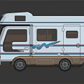 Stylish White Recreational Vehicle with Blue Brown Stripes and Windows Design