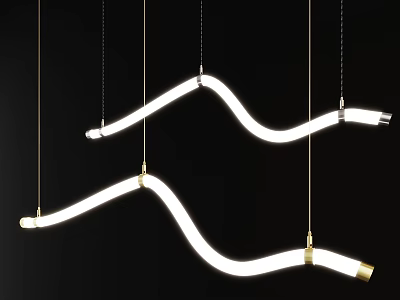 Modern Curved Illuminated Chandelier with Hanging Metal Chains and Sleek White Light 3d model