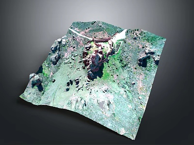 Architectural Structure in 3D Terrain Model with Mountains Green Areas and Roads 3d model